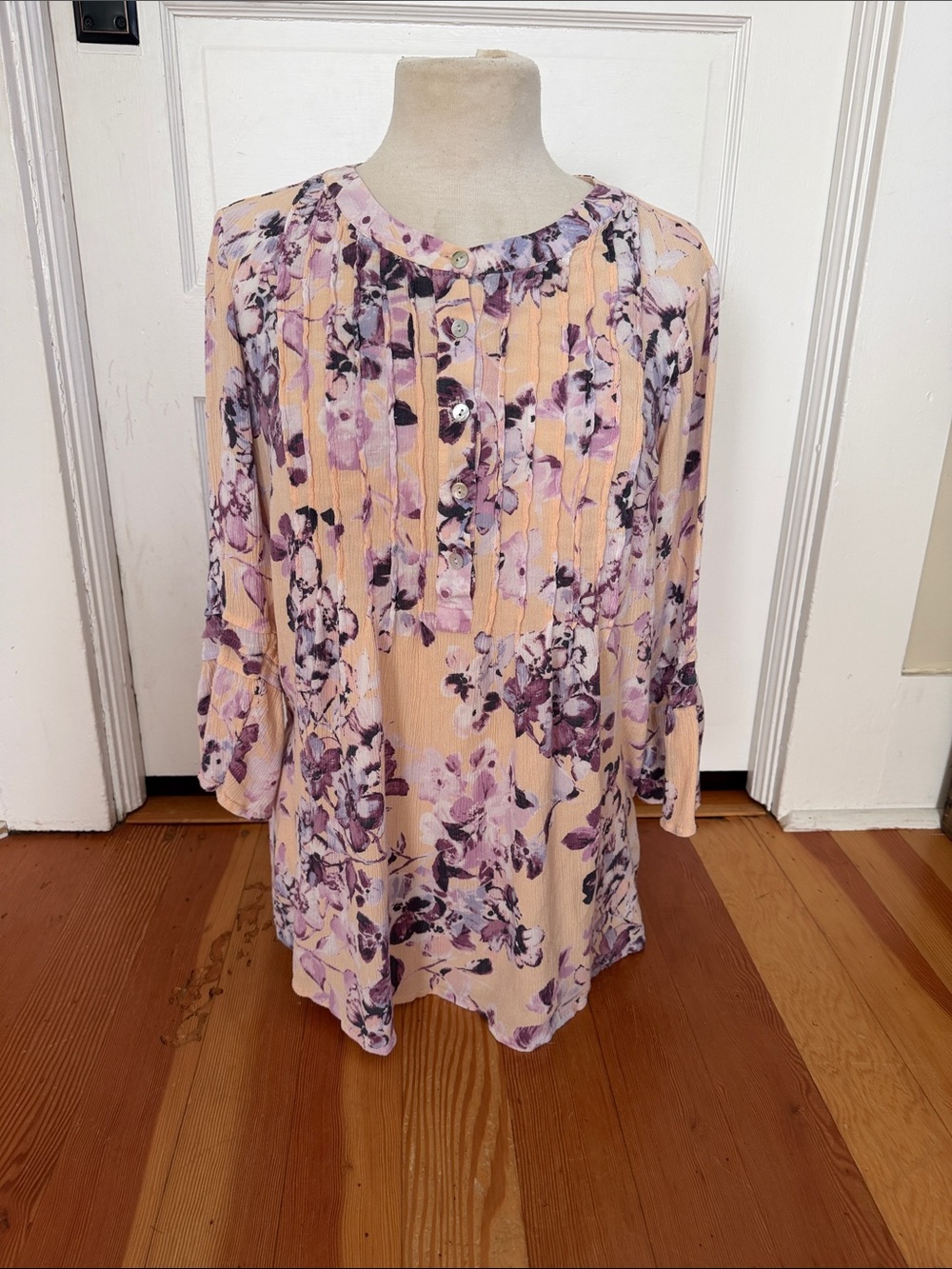 J Jill Purple Floral 3/4 Sleeve Henley Tunic Medium Tall